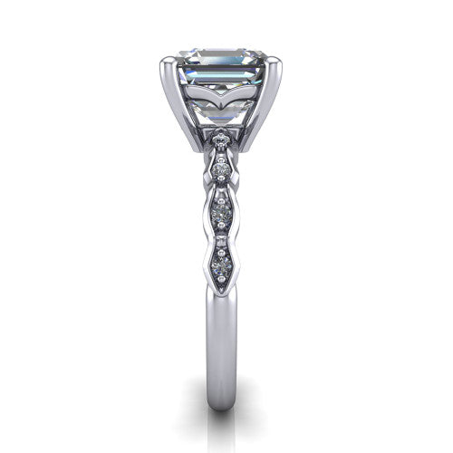 Cassie asscher vintage station engagement ring in Platinum with marquise milgrain band and bezel accents, side profile showing the marquise station band and bezel accents