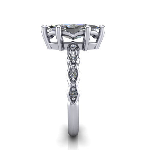 Cassie marquise vintage station engagement ring in Platinum with marquise milgrain band and bezel accents, side profile showing the marquise station band and bezel accents