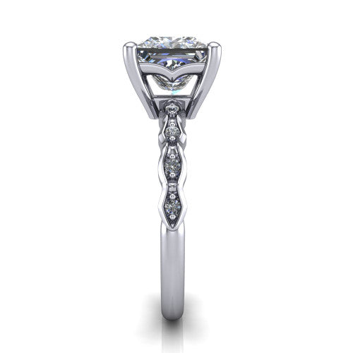 Cassie princess vintage station engagement ring in Platinum with marquise milgrain band and bezel accents, side profile showing the marquise station band and bezel accents
