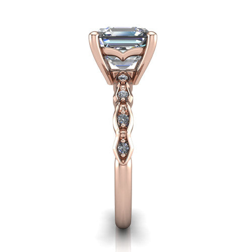 Cassie asscher vintage station engagement ring in 18K Rose Gold with marquise milgrain band and bezel accents, side profile showing the marquise station band and bezel accents