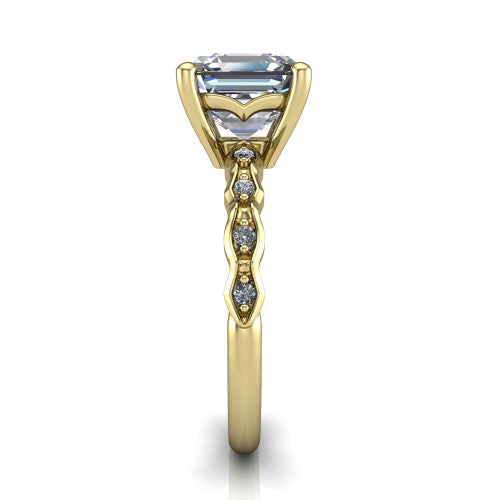 Cassie asscher vintage station engagement ring in 18K Yellow Gold with marquise milgrain band and bezel accents, side profile showing the marquise station band and bezel accents