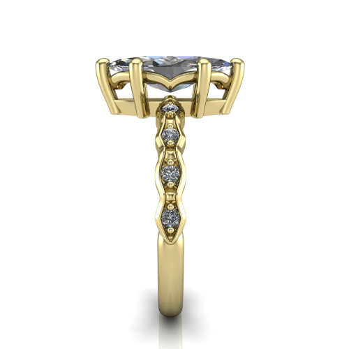 Cassie marquise vintage station engagement ring in 18K Yellow Gold with marquise milgrain band and bezel accents, side profile showing the marquise station band and bezel accents