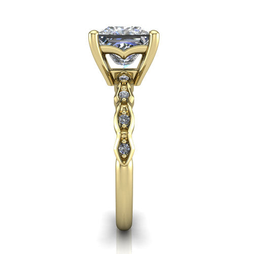 Cassie princess vintage station engagement ring in 18K Yellow Gold with marquise milgrain band and bezel accents, side profile showing the marquise station band and bezel accents