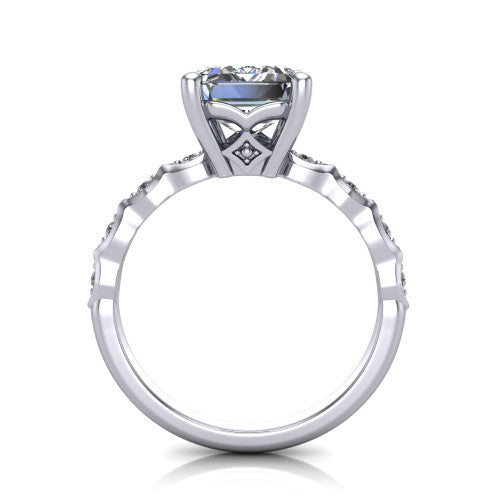 Cassie emerald vintage station engagement ring in 18K White Gold with marquise milgrain band and bezel accents, through-finger front profile showing the filigree bow gallery