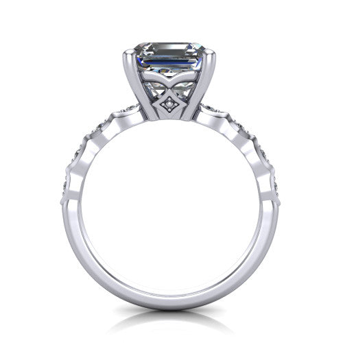 Cassie asscher vintage station engagement ring in Platinum with marquise milgrain band and bezel accents, through-finger front profile showing the filigree bow gallery