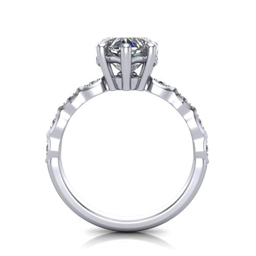 Cassie heart vintage station engagement ring in Platinum with marquise milgrain band and bezel accents, through-finger front profile showing the filigree bow gallery
