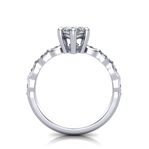 Cassie marquise vintage station engagement ring in 18K White Gold with marquise milgrain band and bezel accents, through-finger front profile showing the filigree bow gallery