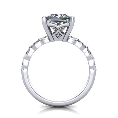 Cassie princess vintage station engagement ring in 14K White Gold with marquise milgrain band and bezel accents, through-finger front profile showing the filigree bow gallery