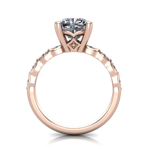 Cassie cushion vintage station engagement ring in 14K Rose Gold with marquise milgrain band and bezel accents, through-finger front profile showing the filigree bow gallery