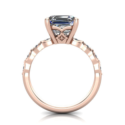 Cassie asscher vintage station engagement ring in 14K Rose Gold with marquise milgrain band and bezel accents, through-finger front profile showing the filigree bow gallery