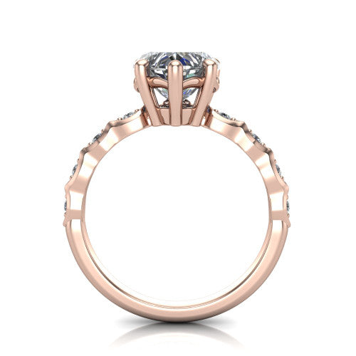 Cassie heart vintage station engagement ring in 18K Rose Gold with marquise milgrain band and bezel accents, through-finger front profile showing the filigree bow gallery