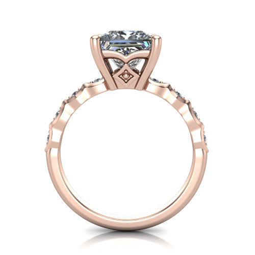 Cassie princess vintage station engagement ring in 18K Rose Gold with marquise milgrain band and bezel accents, through-finger front profile showing the filigree bow gallery