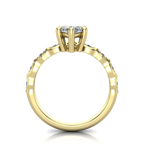 Cassie marquise vintage station engagement ring in 18K Yellow Gold with marquise milgrain band and bezel accents, through-finger front profile showing the filigree bow gallery