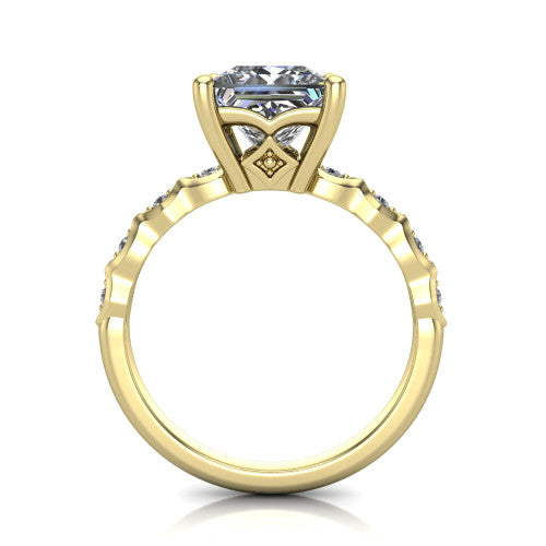 Cassie princess vintage station engagement ring in 18K Yellow Gold with marquise milgrain band and bezel accents, through-finger front profile showing the filigree bow gallery
