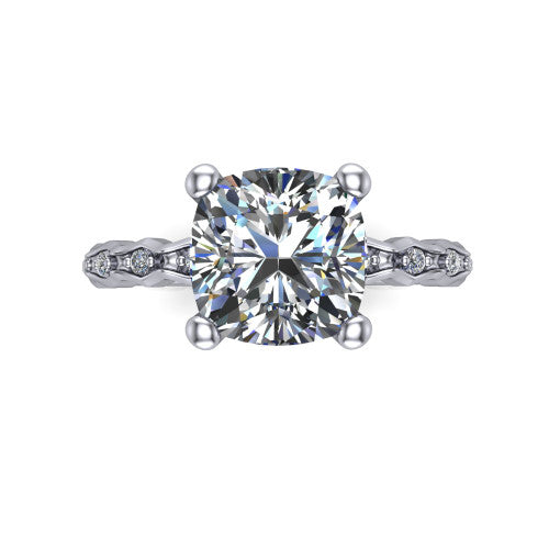 Cassie cushion vintage station engagement ring in 18K White Gold with marquise milgrain band and bezel accents, top-down view of the four-prong center and station band
