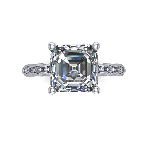 Cassie asscher vintage station engagement ring in Platinum with marquise milgrain band and bezel accents, top-down view of the four-prong center and station band