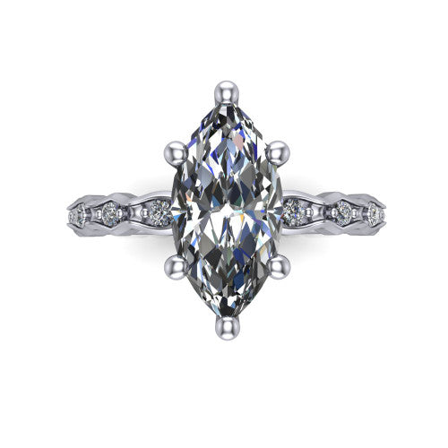 Cassie marquise vintage station engagement ring in Platinum with marquise milgrain band and bezel accents, top-down view of the four-prong center and station band