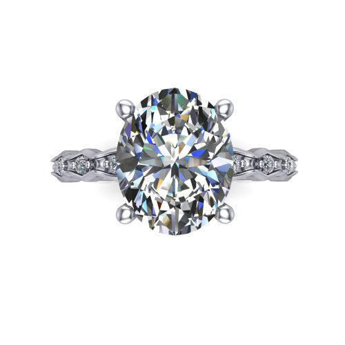 Cassie oval vintage station engagement ring in 14K White Gold with marquise milgrain band and bezel accents, top-down view of the four-prong center and station band