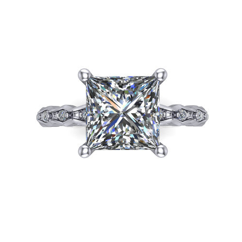 Cassie princess vintage station engagement ring in 14K White Gold with marquise milgrain band and bezel accents, top-down view of the four-prong center and station band