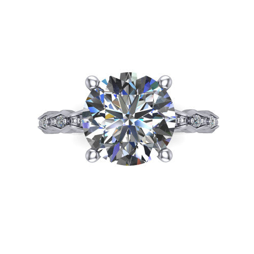 Cassie round vintage station engagement ring in 14K White Gold with marquise milgrain band and bezel accents, top-down view of the four-prong center and station band