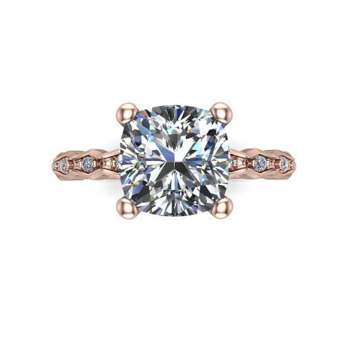 Cassie cushion vintage station engagement ring in 18K Rose Gold with marquise milgrain band and bezel accents, top-down view of the four-prong center and station band
