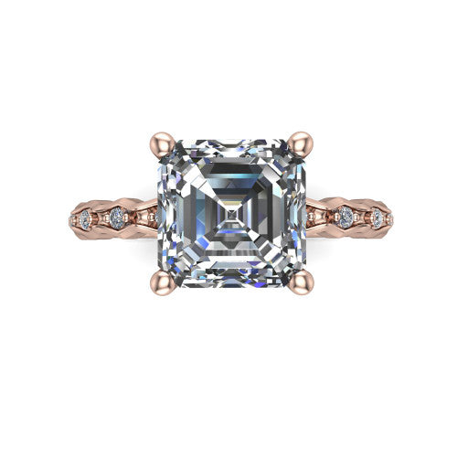 Cassie asscher vintage station engagement ring in 14K Rose Gold with marquise milgrain band and bezel accents, top-down view of the four-prong center and station band