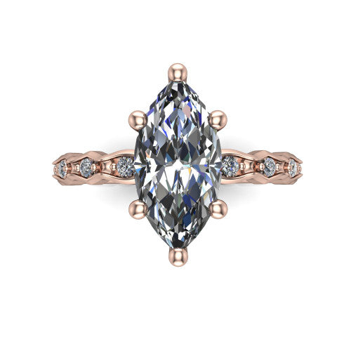 Cassie marquise vintage station engagement ring in 14K Rose Gold with marquise milgrain band and bezel accents, top-down view of the four-prong center and station band