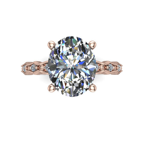 Cassie oval vintage station engagement ring in 18K Rose Gold with marquise milgrain band and bezel accents, top-down view of the four-prong center and station band