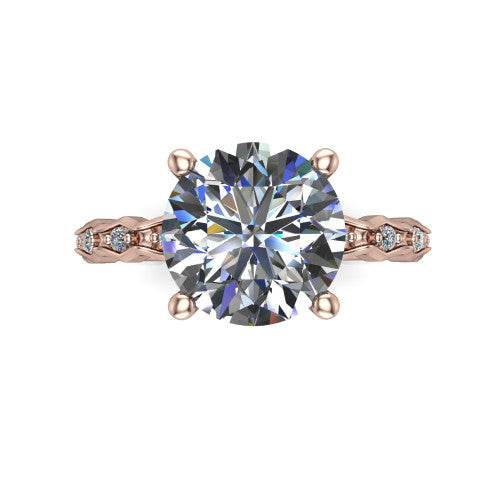 Cassie round vintage station engagement ring in 14K Rose Gold with marquise milgrain band and bezel accents, top-down view of the four-prong center and station band