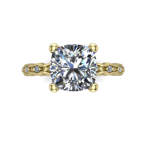 Cassie cushion vintage station engagement ring in 18K Yellow Gold with marquise milgrain band and bezel accents, top-down view of the four-prong center and station band