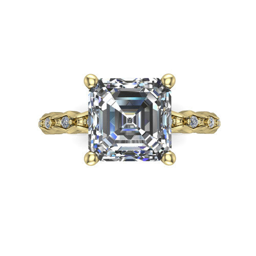 Cassie asscher vintage station engagement ring in 14K Yellow Gold with marquise milgrain band and bezel accents, top-down view of the four-prong center and station band