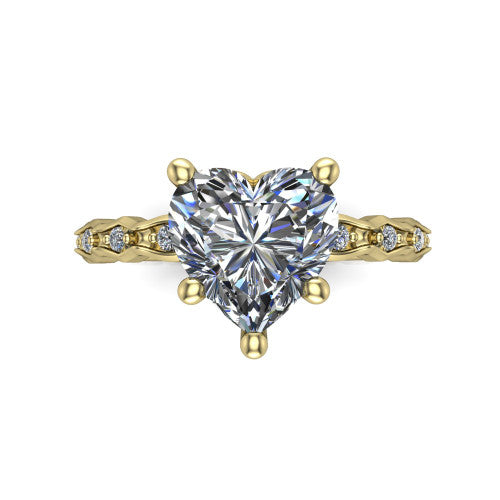 Cassie heart vintage station engagement ring in 14K Yellow Gold with marquise milgrain band and bezel accents, top-down view of the four-prong center and station band