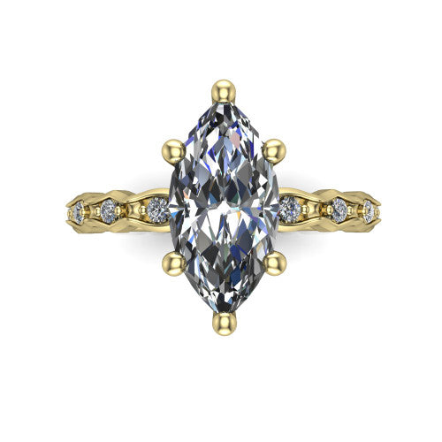 Cassie marquise vintage station engagement ring in 18K Yellow Gold with marquise milgrain band and bezel accents, top-down view of the four-prong center and station band