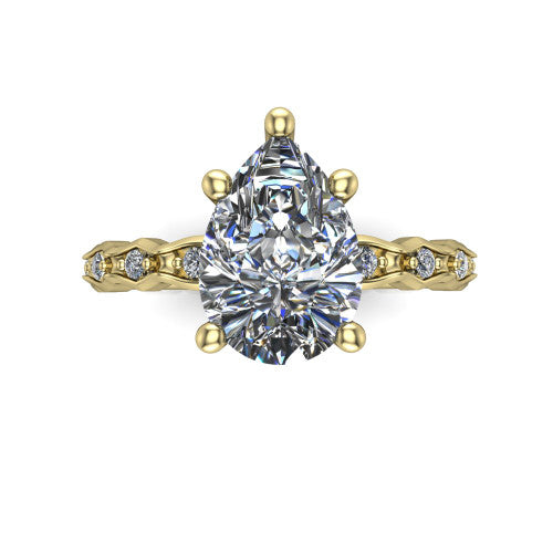 Cassie pear vintage station engagement ring in 14K Yellow Gold with marquise milgrain band and bezel accents, top-down view of the four-prong center and station band