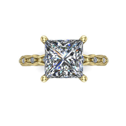 Cassie princess vintage station engagement ring in 18K Yellow Gold with marquise milgrain band and bezel accents, top-down view of the four-prong center and station band
