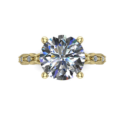 Cassie round vintage station engagement ring in 14K Yellow Gold with marquise milgrain band and bezel accents, top-down view of the four-prong center and station band