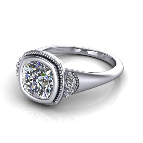 Elliana cushion bezel-set solitaire engagement ring in 14K White Gold with squared milgrain bezel and pavé shoulders, three-quarter perspective view