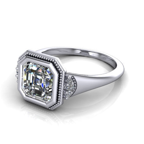 Elliana asscher bezel-set solitaire engagement ring in 18K White Gold with squared milgrain bezel and pavé shoulders, three-quarter perspective view