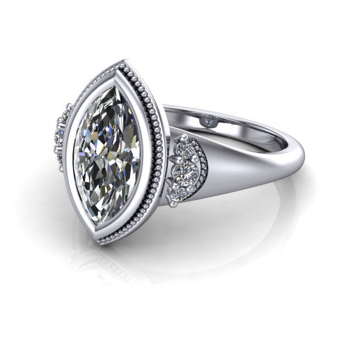 Elliana marquise bezel-set solitaire engagement ring in 18K White Gold with squared milgrain bezel and pavé shoulders, three-quarter perspective view