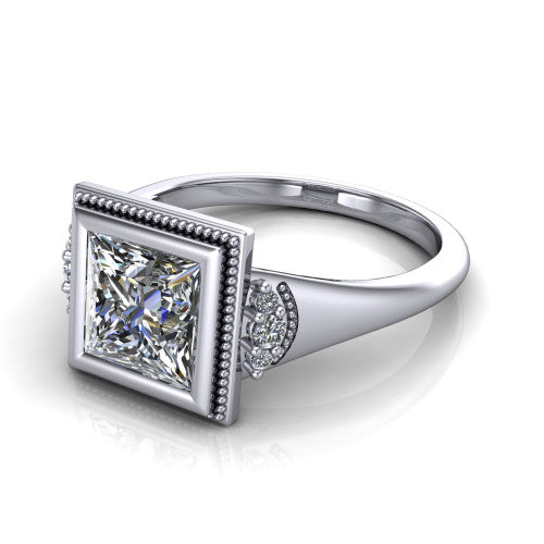 Elliana princess bezel-set solitaire engagement ring in 14K White Gold with squared milgrain bezel and pavé shoulders, three-quarter perspective view