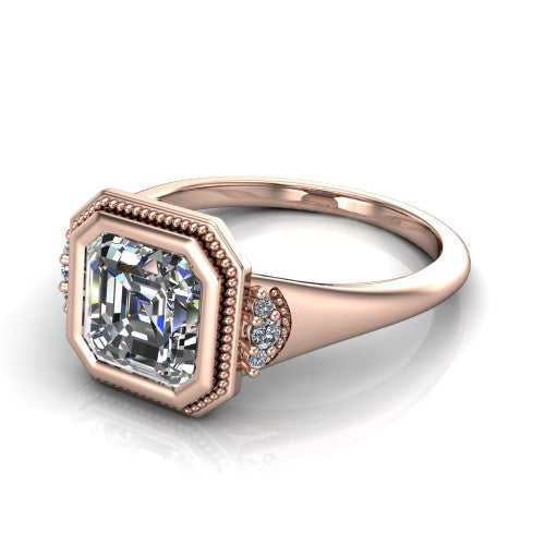 Elliana asscher bezel-set solitaire engagement ring in 18K Rose Gold with squared milgrain bezel and pavé shoulders, three-quarter perspective view