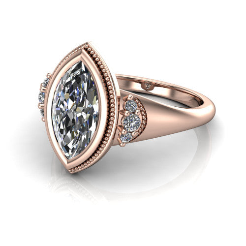 Elliana marquise bezel-set solitaire engagement ring in 18K Rose Gold with squared milgrain bezel and pavé shoulders, three-quarter perspective view