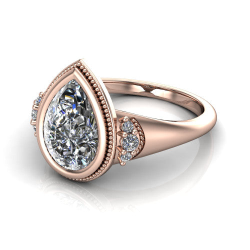 Elliana pear bezel-set solitaire engagement ring in 14K Rose Gold with squared milgrain bezel and pavé shoulders, three-quarter perspective view