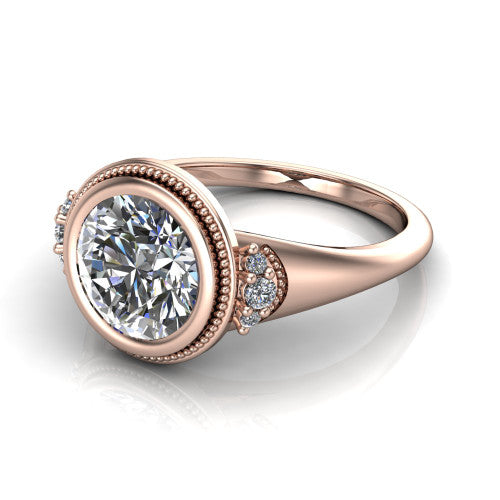 Elliana round bezel-set solitaire engagement ring in 14K Rose Gold with squared milgrain bezel and pavé shoulders, three-quarter perspective view