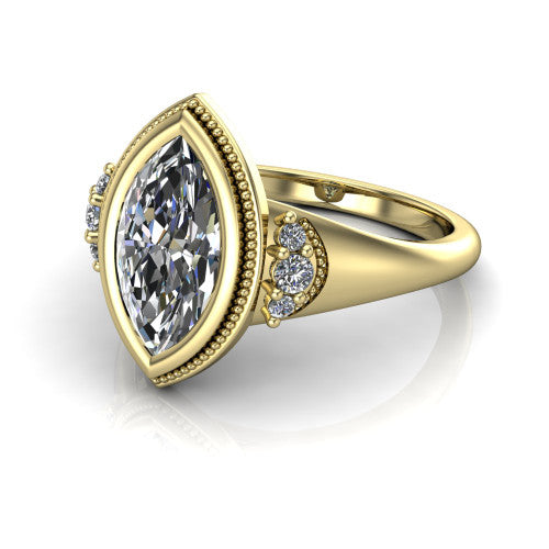 Elliana marquise bezel-set solitaire engagement ring in 14K Yellow Gold with squared milgrain bezel and pavé shoulders, three-quarter perspective view