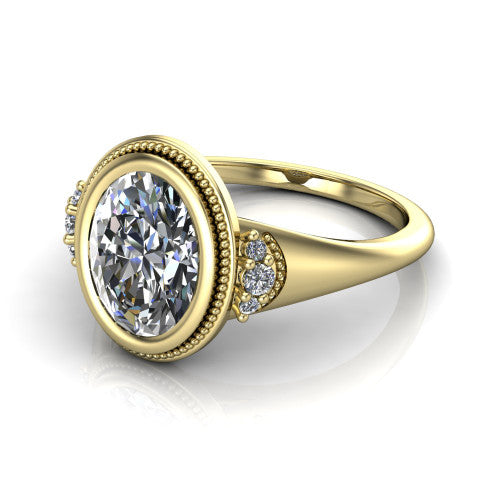 Elliana oval bezel-set solitaire engagement ring in 14K Yellow Gold with squared milgrain bezel and pavé shoulders, three-quarter perspective view