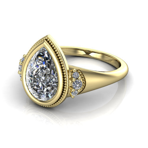 Elliana pear bezel-set solitaire engagement ring in 14K Yellow Gold with squared milgrain bezel and pavé shoulders, three-quarter perspective view