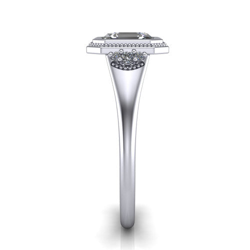 Elliana asscher bezel-set solitaire engagement ring in 18K White Gold with squared milgrain bezel and pavé shoulders, side profile showing the milgrain bezel and split gallery