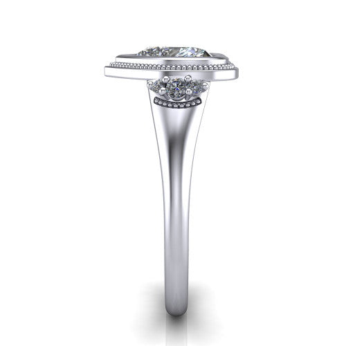 Elliana heart bezel-set solitaire engagement ring in 18K White Gold with squared milgrain bezel and pavé shoulders, side profile showing the milgrain bezel and split gallery