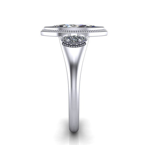 Elliana marquise bezel-set solitaire engagement ring in 14K White Gold with squared milgrain bezel and pavé shoulders, side profile showing the milgrain bezel and split gallery